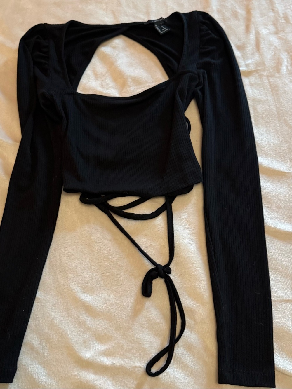 Forever 21 Black Ribbed Long Sleeve Cutout Crop Top